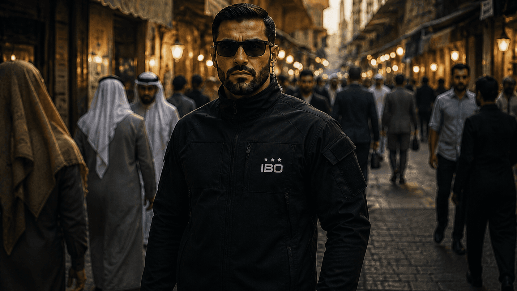 IBO close-protection operator working in a busy Middle Eastern street